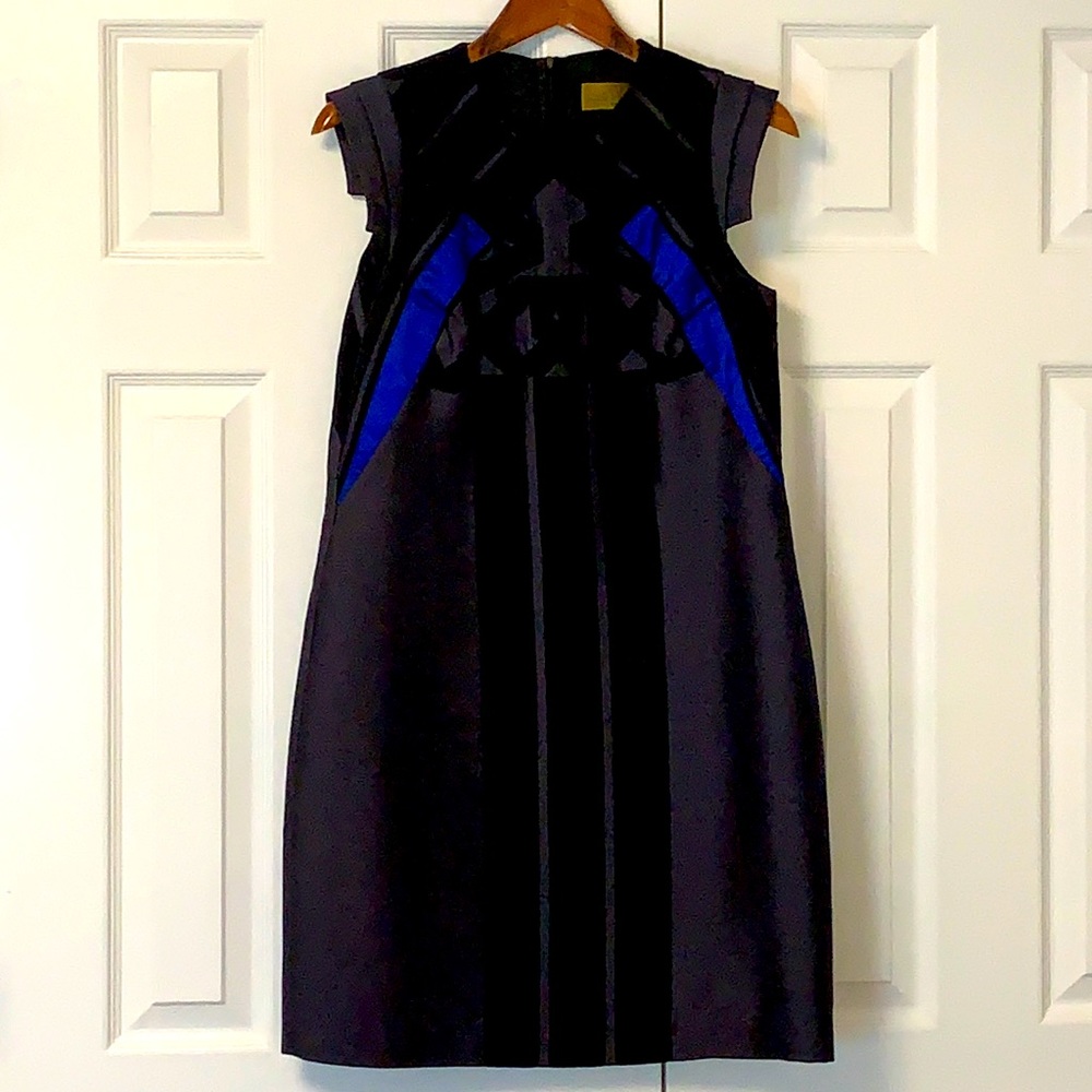 Nicole Miller asymmetric ribbon sheath dress